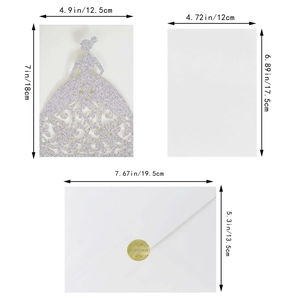 Detailed size specifications for glitter laser cut wedding invitation with white envelope