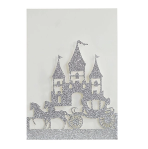 Detail of silver glitter castle and horse carriage cutout with laser-cut hollow design