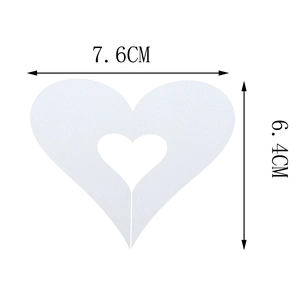 Detailed size chart showing laser-cut pink heart place card at 7.6cm width and 6.4cm height