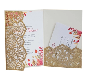 Laser cut gold glitter wedding invitation set with fall maple leaf design and RSVP card