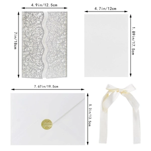 Laser cut silver glitter wedding invitation set with dimensions and ivory ribbon bow