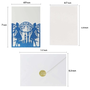 Detailed laser-cut blue glitter fairy invitations set with dimensions and envelopes