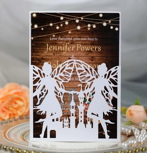 Laser cut fairy castle wedding invitation card with white hollow pattern and string lights