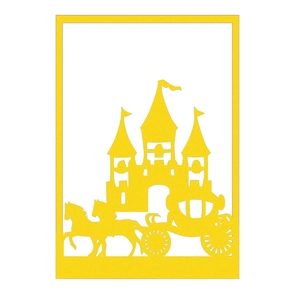 Detailed laser cut bright yellow fairy tale castle and pumpkin horse carriage wedding invitation