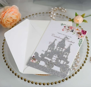 Detailed laser-cut silver glitter castle wedding invitation card with floral insert