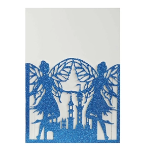 Detail of glitter blue laser-cut invitation with fairy and castle silhouette design