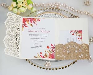 Laser cut wedding invitation set with glitter sleeve and autumn maple leaf inner cards