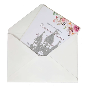 Laser cut glitter castle wedding invitation with floral card and white envelope set