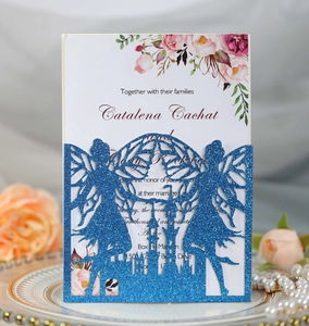 Blue glitter laser cut butterfly fairy castle invitation card with floral insert