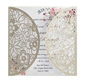 Detailed laser-cut champagne gold glitter invitation card with floral printing