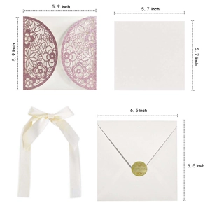Pink laser cut wedding invitation set with glitter paper pocket and white ribbon bow