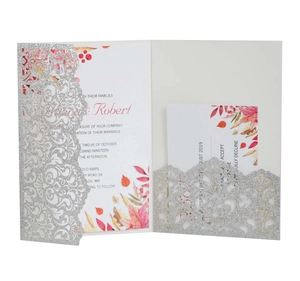 Laser cut silver glitter wedding invitation with autumn maple leaf inserts and RSVP card