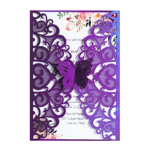Detailed laser-cut purple lace wedding invitation with 3D butterfly and floral inner page
