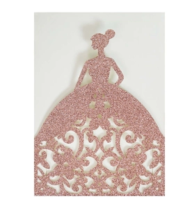 Detail of rose gold glitter laser-cut wedding invitation featuring elegant dress silhouette