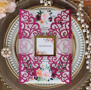 Laser Cut Wedding Invitations Glitter Pearl Paper Floral Inner Card With Translucent Belly Band European Style Greeting Card