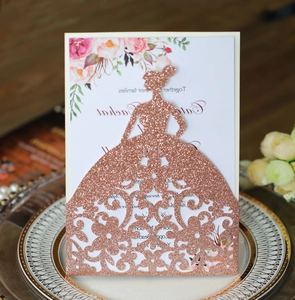 Detail view of rose gold glitter laser-cut girl silhouette wedding invitation card