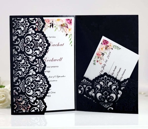 Elegant laser cut black wedding invitation set with floral card and vine pattern
