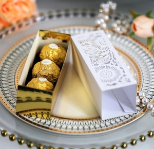Elegant white laser-cut rose gift box with gold liner for weddings and party favors