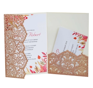 Laser cut rose gold glitter wedding invitation with autumn leaf inner card and RSVP