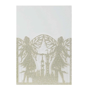 Detail of laser-cut glitter paper invitation featuring angels and a castle silhouette