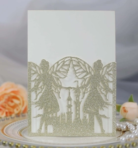 Intricate laser-cut castle and fairy glitter invitation card for weddings and parties