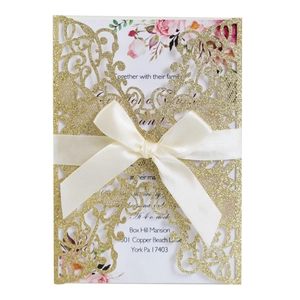 European Style Glitter Laser Cut Wedding Invitations With Hollow Lace Design Ribbon Bow Inner Card And Envelope For Party