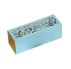 Laser-cut floral light blue wedding favor box with rose patterns and gold interior