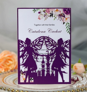 Laser cut castle fairy wedding invitation in purple with floral printed insert card
