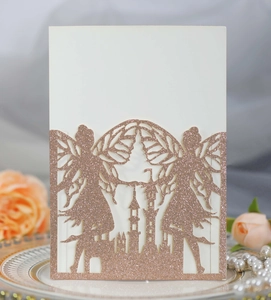 Glitter rose gold laser cut invitation featuring a fairy castle and hollow butterfly design