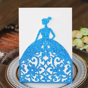 Detailed laser-cut hollow blue glitter wedding invitation with floral dress silhouette
