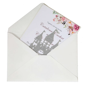 Elegant glitter silver castle laser cut wedding invitation with pink rose floral details
