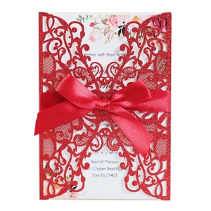Elegant red glitter laser-cut wedding invitation with satin ribbon and floral inner card