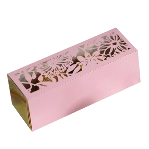 Detail of laser-cut floral pattern on pink and gold hollowed-out candy gift box