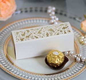 Macro detail of laser-cut butterfly hollow gift box with elegant white paper finish
