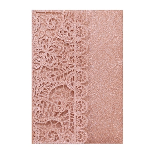 Elegant rose gold laser cut lace wedding invitation with glitter floral finish