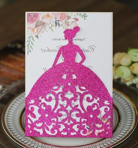 Detailed laser-cut glitter fuchsia bridal brunch invitation with floral liner and lace dress