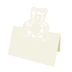 Laser-cut teddy bear wedding place card with floral hollow design in cream paper