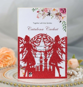 Detailed laser-cut glitter butterfly invite with elegant castle motif and floral insert
