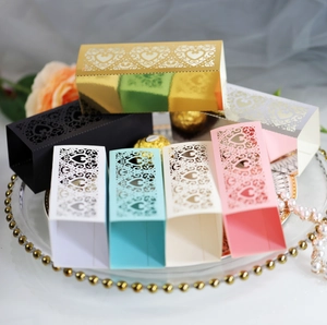 Laser-cut heart gift boxes in various colors for wedding favors and celebrations