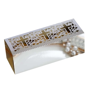 Detailed laser-cut cross patterns on white pearlescent wedding candy gift box