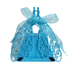 Laser cut blue peacock candy box with elegant ribbon bow for wedding and party favor