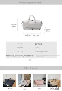 Detailed size chart for the large travel duffel bag showing four color options and dimensions