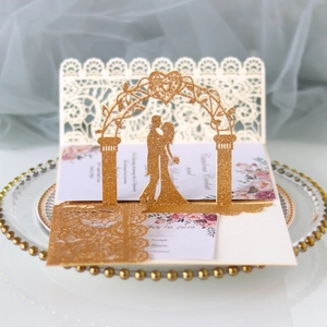 Elegant 3D laser cut wedding invitation with gold glitter paper and floral inner card