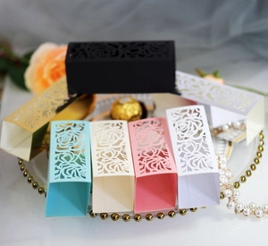 Laser cut hollow rose wedding favor gift boxes in various colors for candy or jewelry