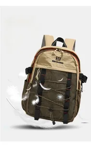 Macro shot of lightweight waterproof nylon backpack with mesh pocket and elastic bungee system