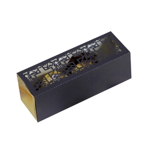 Black laser-cut hollow gift box with golden liner and intricate geometric design