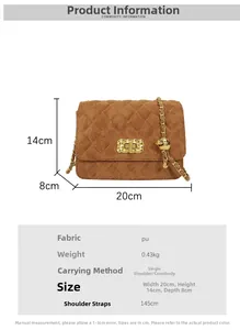 Detailed size specifications of brown quilted chain bag measuring 20x14x8 cm