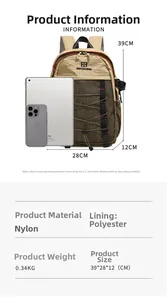 Detailed view of khaki and brown nylon backpack with dimensions 39x28x12cm and weight 0.34kg