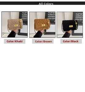 Quilted crossbody flap bags with gold ball adjustable chains in khaki, tan and black