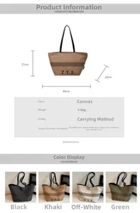 Detailed size specifications and four color options for large canvas tote bags